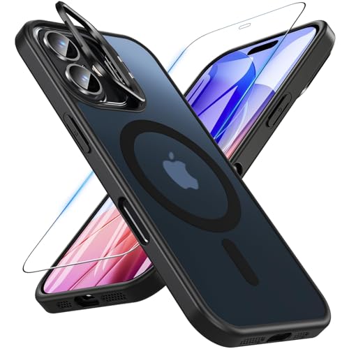 WakongHK Hülle für iPhone 16 mit Panzer Schutz Glas, Kompatibel mit MagSafe, Magnetische Militärschutz Handyhülle Stoßfest Robust Dünn Schutzfolie Schutzhülle Case Cover für iPhone 16(Schwarz) von WakongHK