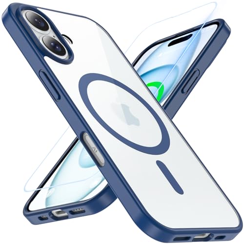 WakongHK Hülle für iPhone 16 mit Panzer Schutz Glas, Kompatibel mit MagSafe, Magnetische Militärschutz Handyhülle Stoßfest Robust Dünn Schutzfolie Schutzhülle Case Cover für iPhone 16(Blau) von WakongHK