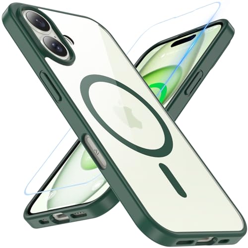 WakongHK Hülle für iPhone 16 mit Panzer Schutz Glas, Kompatibel mit MagSafe, Magnetische Militärschutz Handyhülle Stoßfest Robust Dünn Schutzfolie Schutzhülle Case Cover für iPhone 16(Grün) von WakongHK