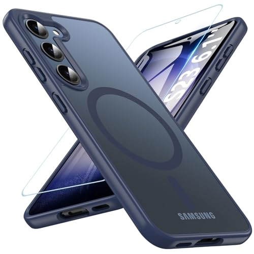 WakongHK Magnetisch Hülle für Samsung Galaxy S23 mit Panzer Schutz Glass,Kompatibel mit MagSafe, Militärischer Schutz TPU Eckenschutz Stoßfest Dünn Kratzfest Hülle für Galaxy S23(Blau) von WakongHK