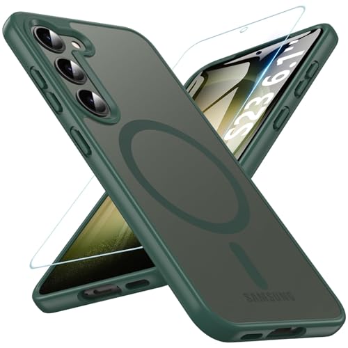 WakongHK Magnetisch Hülle für Samsung Galaxy S23 mit Panzer Schutz Glass,Kompatibel mit MagSafe, Militärischer Schutz TPU Eckenschutz Stoßfest Dünn Kratzfest Hülle für Galaxy S23(Grün) von WakongHK