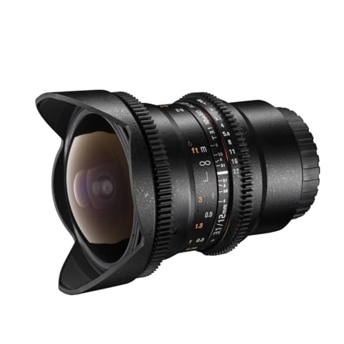 Walimex Pro 12mm 1:3,1 Fish-Eye VCSC für Canon EF Objektivbajonett schwarz (manueller Fokus, für Vollformat Sensor gerechnet, stufenlose Blendeneinstellung, mit abnehmbarer Gegenlichtblende) von Walimex pro
