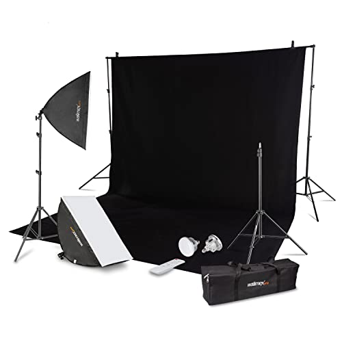 Walimex Pro Premium Fotostudio Set inkl. 2X Lampenstativ mit 2X LED Softboxen 40x60cm Bi Color und komplettem Teleskop Hintergrundsystem 120-307 cm mit Stoffhintergrund schwarz von Walimex pro