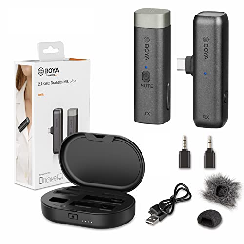 Walimex pro BOYA Drahtlos Mikrofon WM3U mit USB-C Adapter & Aufbewahrungs- und Ladebox I 2,4GHz Wireless Microphone aus omnidirektionalem Kugelmikrofon I Für Kamera, PC, Smartphone und Tablet von Walimex pro