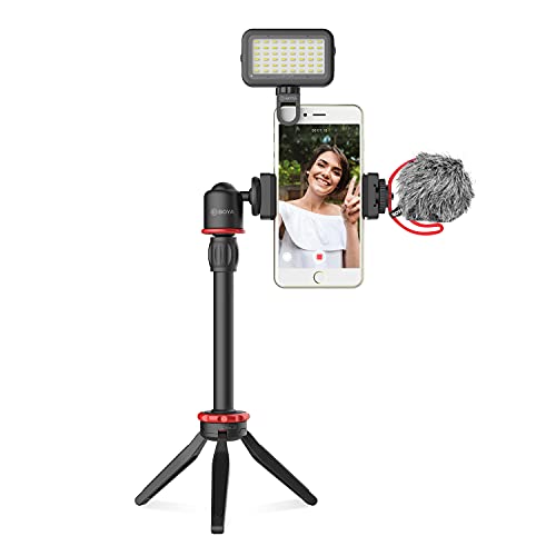 Walimex pro BOYA Smartphone Video Kit VG350 I Video Stabilisator I Video Rig mit Mikrofon, Mini LED Licht, Dreibein Stativ, universellem Smartphone-Halter und Fell-Windschutz I mobiles Vlogging Kit von Walimex pro