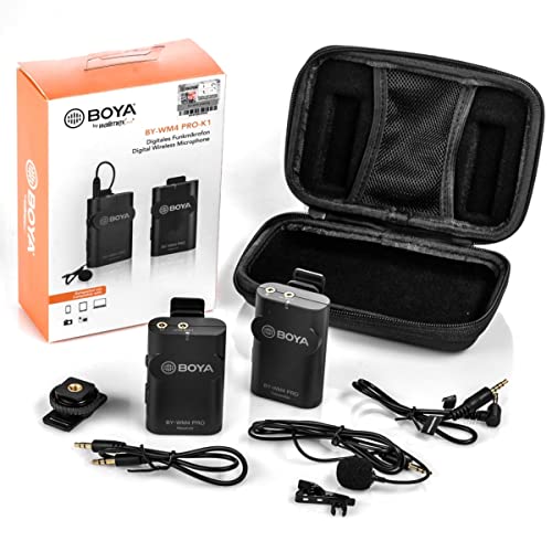 Walimex pro Boya WM4 Pro K-1 Mikrofon 2er Set – leistungsstarkes Funkmikrofon-Set mit 1 Lavaliermikrofon, 1 Sender und 1 Empfänger, bis 60 Meter, 35 Hz – 14 kHz für Videodrehs, Dokus, Reportage von Walimex pro