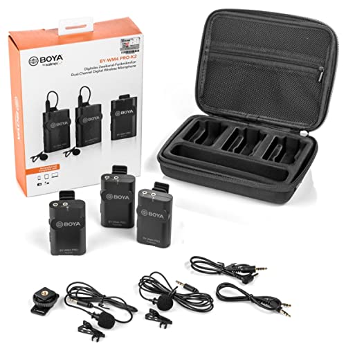 Walimex pro Boya WM4 Pro K-2 Mikrofon 3er Set – leistungsstarkes Funkmikrofon-Set mit 2 Lavaliermikrofonen, 2 Sendern und 1 Empfänger, bis 60 Meter, 35 Hz – 14 kHz für Videodrehs, Dokus, Reportage von Walimex pro