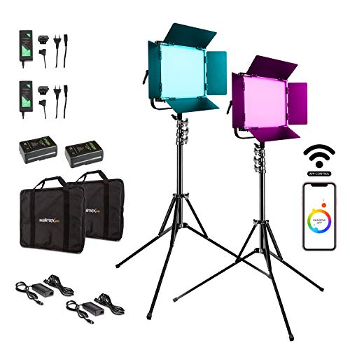 Walimex pro LED Flächenleuchte 2er Set Rainbow 100W RGBWW + 2X Akku I Videoleuchte & Fotolicht I dimmbares Dauerlicht mit RGB Farblicht & Bi-Color Weißlicht 3.200-9.999K I App-Steuerung & Zubehör von Walimex pro