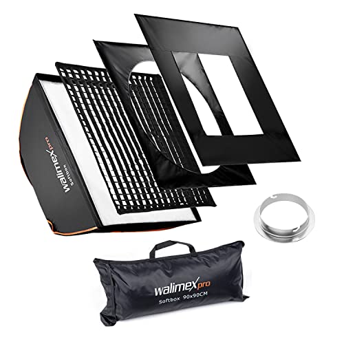 Walimex pro Softbox mit Gitter 90x90cm I Inkl Elinchrom Adapter, 3cm Grid, Masken, Diffusor Lichtformer 360° drehbar hitzeresistent Ideal für Produktfotografie, Fotolicht für Unterwegs & im Studio von Walimex pro