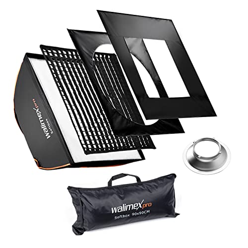 Walimex pro Softbox mit Gitter 90x90cm Inkl Multiblitz P Adapter 3cm Grid, Masken Diffusor Lichtformer 360° drehbar hitzeresistent Ideal für Produktfotografie Fotolicht für Unterwegs & im Studio von Walimex pro