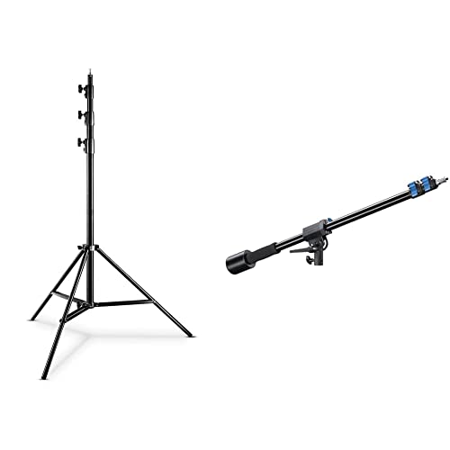 Walimex pro WT-420 Lampenstativ 420cm & Galgen (Gegengewicht 70-183 cm, Galgen, Auslegearm, Schwenkkopf, Boom aus Aluminium mit 3 Sektionen, Höhen und Längsverstellbar, 2-5 kg Belastbarkeit), Schwarz von Walimex pro