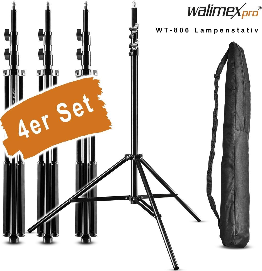 Walimex pro 4x Lampenstativ WT-806 mit Federdämpfung I Höhe max. 256cm I stabiles Lichtstativ belastbar bis 6kg I Beleuchtungsstativ für Ringlicht, Reflektor, Blitz & Video I 3/8 Adapter & 4 Taschen (1020305) Walimex pro 4x Lampenstativ WT-806 mit Federdämpfung I Höhe max. 256cm I stabiles Lichtstativ belastbar bis 6kg I Beleuchtungsstativ für Ringlicht, Reflektor, Blitz & Video I 3/8 Adapter & 4 Taschen (1020305) von Walimex