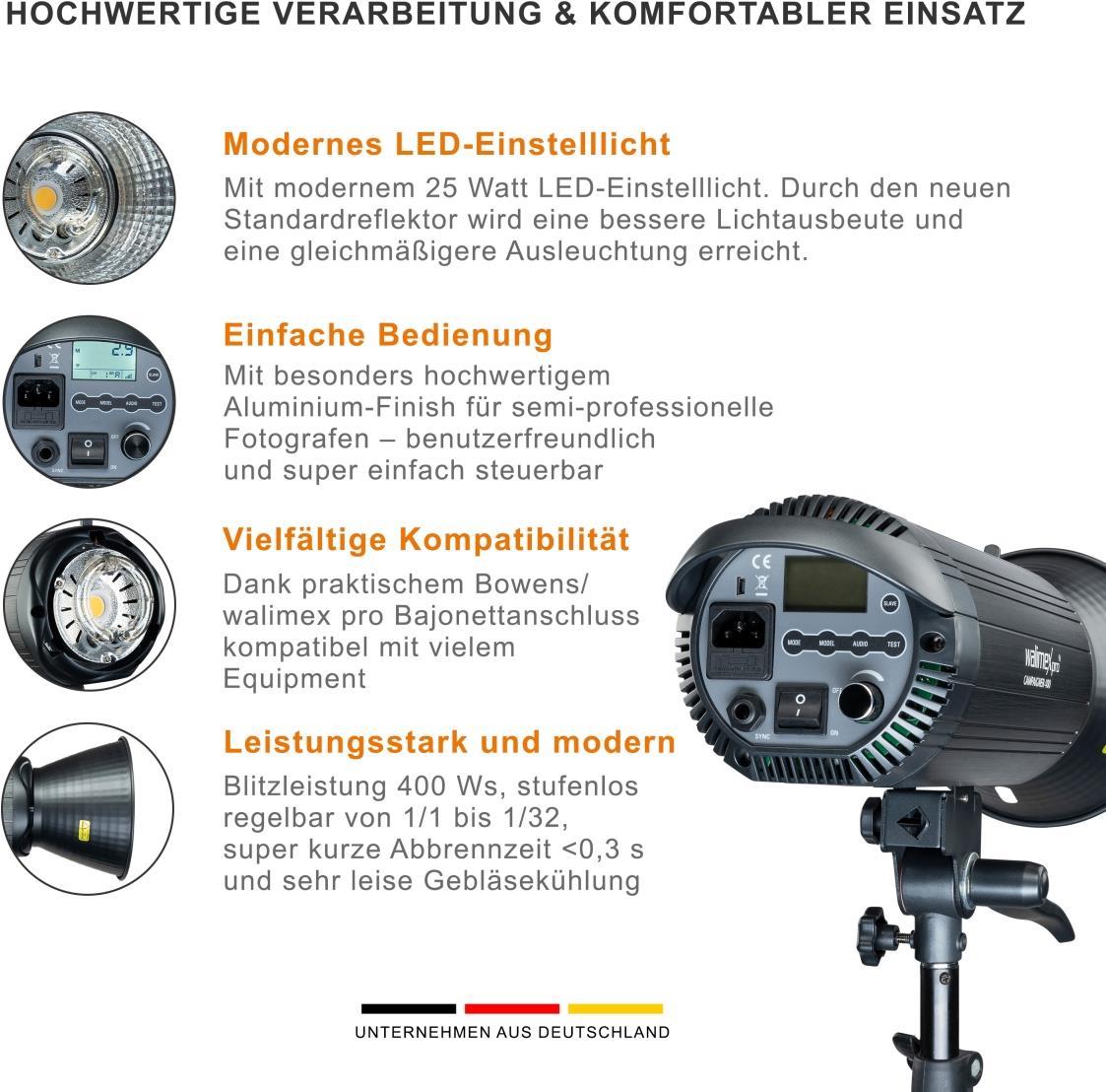 Walimex pro Campaigner 400 HS Studioblitz mit integriertem 2.4 GHz Empfänger, 400 Ws, Schnelle Abbrennzeit, LED-Einstelllicht Und Benutzerfreundliches Bedienpanel, Hochwertiger Aluminium-Finish (1023330) von Walimex