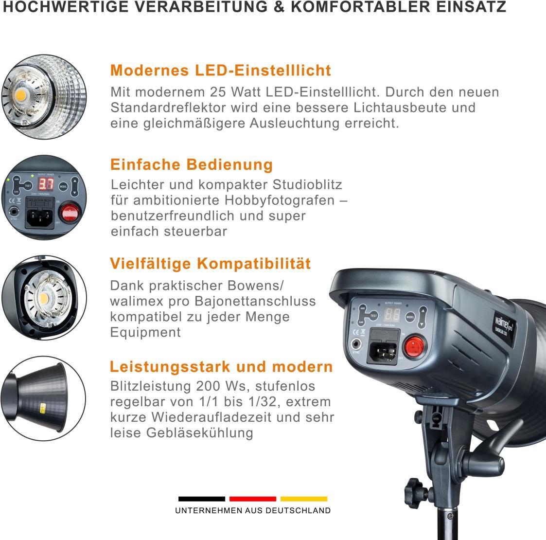 Walimex pro Emerger 200 Set Single - leistungsstarke Studio Blitzleuchte mit 2,4 GHz Empfänger, 200 Ws, kurzer Wiederaufladezeit, LED-Einstelllicht, 16 Kanäle und 4 Gruppen, kompakt und mobil (1023377) Walimex pro Emerger 200 Set Single - leistungsstarke Studio Blitzleuchte mit 2,4 GHz Empfänger, 200 Ws, kurzer Wiederaufladezeit, LED-Einstelllicht, 16 Kanäle und 4 Gruppen, kompakt und mobil (1023377) von Walimex