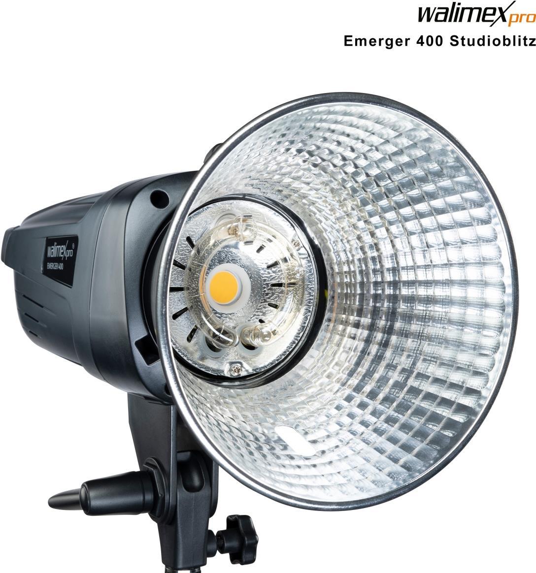 Walimex pro Emerger 400 Set Double - leistungsstarke Studio Blitzleuchte mit 2,4 GHz Empfänger, 400 Ws, kurzer Wiederaufladezeit, LED-Einstelllicht, 16 Kanäle und 4 Gruppen, kompakt und mobil (1023380) von Walimex