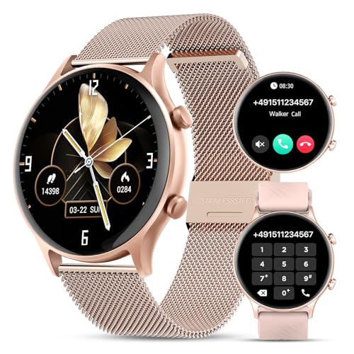 WalkerFit Smartwatch Damen mit Telefonfunktion: 1.39“ Runde Fitnessuhr, Armbanduhr Schrittzähler mit Pulsmesser/Schlafmonitor/Menstruationszyklus Wasserdicht Aktivitätstracker für Android iOS von WalkerFit