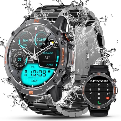 WalkerFit Smartwatch Herren mit Metallband, 1.43" AMOLED Always-On Display Fitnessuhr mit Telefonfunktion, 60+ Tage Extra Lange Batterie, Wasserdicht Armbanduhr mit Schrittzähler/Pulsmesser von WalkerFit