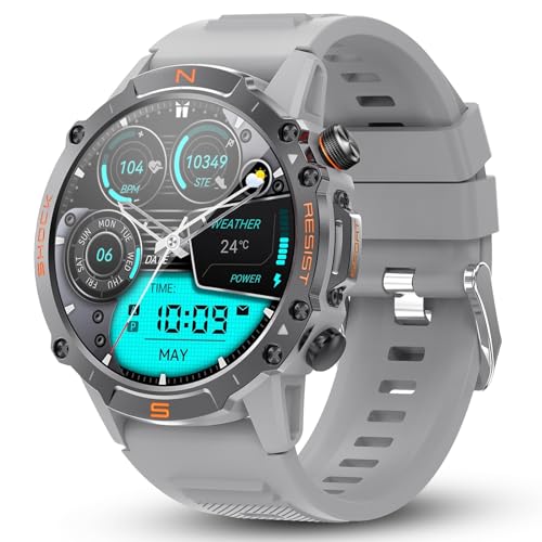 WalkerFit Smartwatch Herren mit Telefonfunktion, 1.43" AMOLED Militär Robuste Smartwatch mit Herzfrequenz/SpO2/Schrittzähler Sportuhr, 60 Tage Lange Akkulaufzeit, IP68 Wasserdicht für Android iOS von WalkerFit