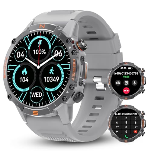 WalkerFit Smartwatch Herren mit Telefonfunktion, 1.43 Zoll AMOLED Militär Robuste Smartwatch mit Herzfrequenz/SpO2 Sportuhr, 60 Tage Extra Lange Batterie, Wasserdicht von WalkerFit