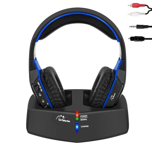 WallarGe Funkkopfhörer für Fernseher/TV, Over-Ear kabellose kopfhörer mit RF Digitales Ladestation mit Reichweite 33 m, mit Optisches und Aux Port (Schwarz & Blau) von WallarGe