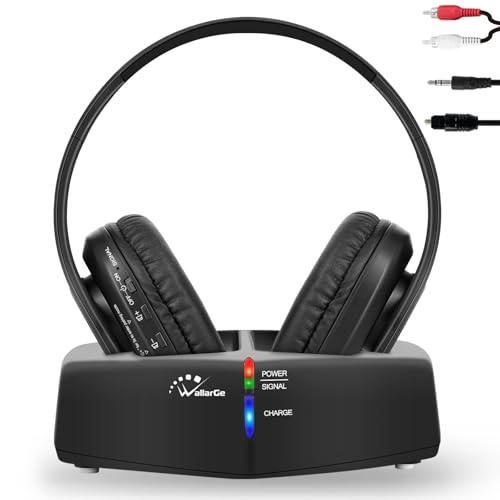 WallarGe Funkkopfhörer für Fernseher/TV mit RF und Bluetooth, Over-Ear kabellose kopfhörer mit RF Digitales Ladestation mit Reichweite 30 m, mit Optisches und Aux Port,Plug and Play (Schwarz) von WallarGe