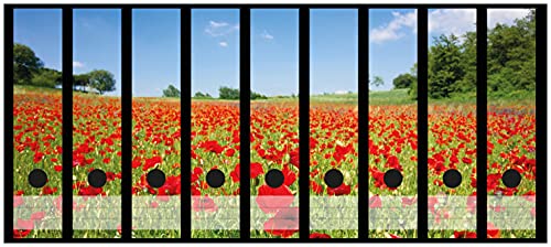 Wallario Ordnerrücken Sticker Mohnblumenfeld- rote Blumen unter blauem Himmel - Größe 9 Stück, Rückenschilder für 9 breite Ordner, Klebeetiketten von Wallario