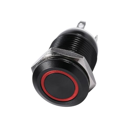 12 -mm -LED -Druckknopfschalter, Schwarz, 2a, für den Außengebrauch, Messing mit LED -Ring, Momentanter Typ, Robuster Metallknopf (Rot) von Walmeck