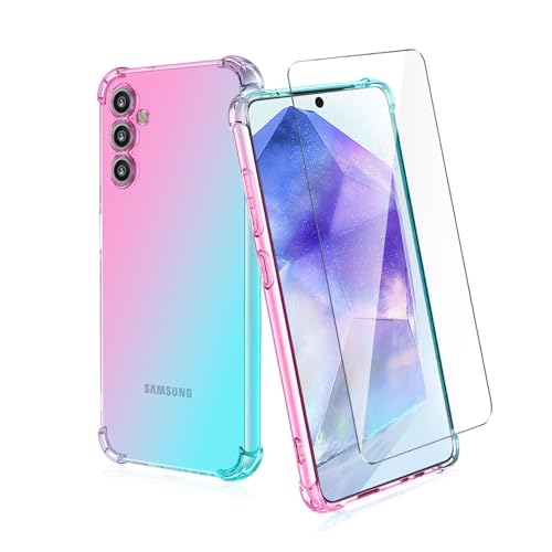 Wanglaism Handyhülle für Samsung Galaxy A55 5G Hülle + 1 gehärtetes Glas Displayschutzfolie, Farbverlauf Anti-Schock Handyhülle -Rosa/Grün Wanglaism Handyhülle für Samsung Galaxy A55 5G Hülle + 1 gehärtetes Glas Displayschutzfolie, Farbverlauf Anti-Schock Handyhülle -Rosa/Grün von Wanglaism