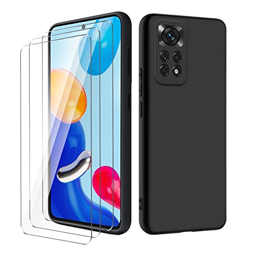 Wanglaism Handyhülle für Xiaomi Redmi Note 11 / Note 11S 4G Hülle + 3 gehärtetes Glas Displayschutzfolie, TPU Silikon Fall schwarz voll mattiert Case Cover-Schwarz von Wanglaism