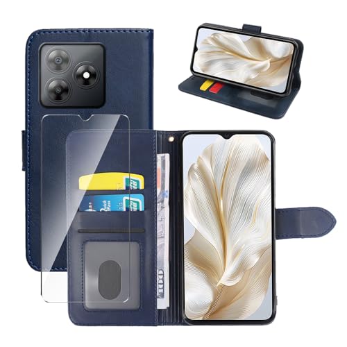 Wanglaism Hülle Kompatibel mit Blackview Wave 8/Blackview Wave 8C Hülle - Kunstleder Flip Cover mit [3 Kartenfächern] [Geldtasche][Standfunktion] + 9H Panzerglas - Blau von Wanglaism