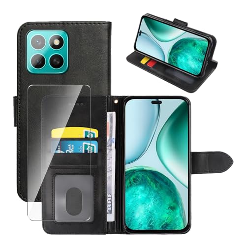 Wanglaism Hülle Kompatibel mit Honor X8c Hülle - Kunstleder Flip Cover mit [3 Kartenfächern] [Geldtasche][Standfunktion] + 9H Panzerglas - Schwarz von Wanglaism