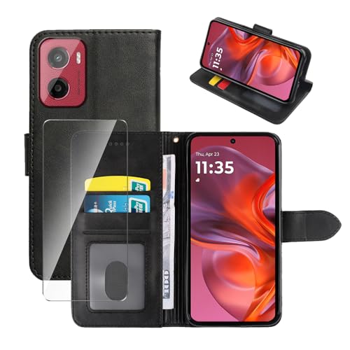 Wanglaism Hülle Kompatibel mit Motorola Moto G05/Moto E15 5G Hülle - Kunstleder Flip Cover mit [3 Kartenfächern] [Geldtasche][Standfunktion] + 9H Panzerglas - Schwarz von Wanglaism