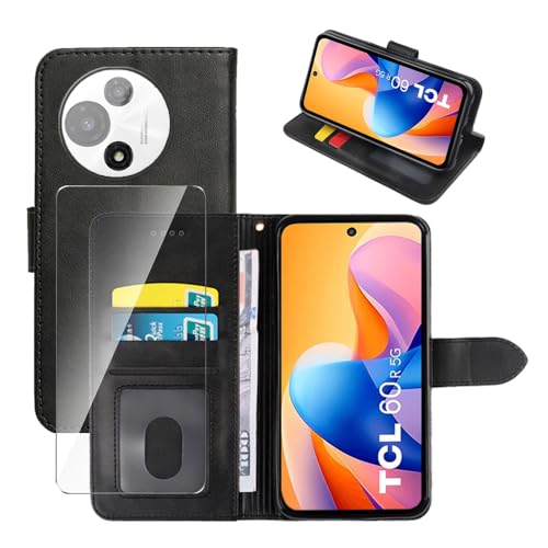 Wanglaism Hülle Kompatibel mit TCL 60R 5G Hülle - Kunstleder Flip Cover mit [3 Kartenfächern] [Geldtasche][Standfunktion] + 9H Panzerglas - Schwarz von Wanglaism