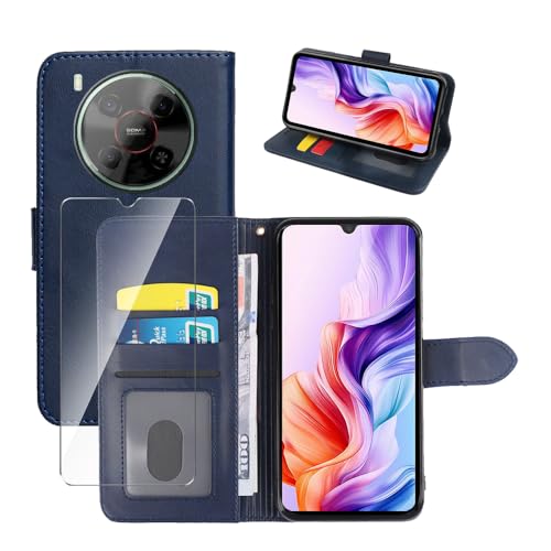 Wanglaism Hülle Kompatibel mit ZTE Blade V70 Max Hülle - Kunstleder Flip Cover mit [3 Kartenfächern] [Geldtasche][Standfunktion] + 9H Panzerglas - Blau von Wanglaism