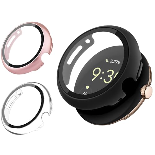 Packung mit 3 Schutzhüllen mit Displayschutzfolie für Google Pixel Watch 3/2/1, 41 mm, integrierte 9H-Hartglasfolie, harter Polycarbonat, vollständige Abdeckung, Schutzhülle (Schwarz/Transparent Packung mit 3 Schutzhüllen mit Displayschutzfolie für Google Pixel Watch 3/2/1, 41 mm, integrierte 9H-Hartglasfolie, harter Polycarbonat, vollständige Abdeckung, Schutzhülle (Schwarz/Transparent von Wanme