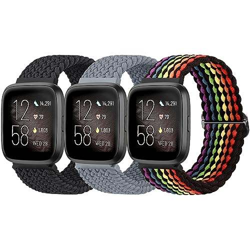 Wanme 3 Stück Armband für Fitbit Versa 2/Lite/SE, Weiches Verstellbares Geflochtenes Ersatzband, Elastisches Nylon für Frauen und Männer (Schwarz+Grau+Irisierend) von Wanme