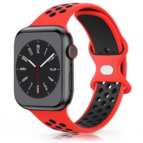 Wanme Armband für Apple Watch 49mm 45mm 44mm 42mm 41mm 40mm 38mm Armband, Weiches Silikon Ersatzarmband für iWatch/Apple Watch Series 9 8 7 6 5 4 3 2 1 SE Ultra (38/40/41mm, Rot/schwarz) von Wanme