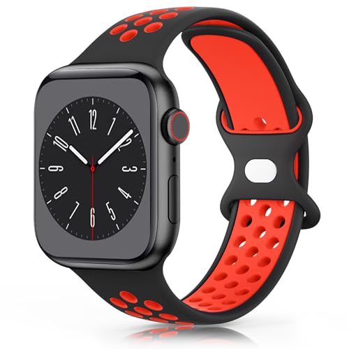 Wanme Armband für Apple Watch 49mm 45mm 44mm 42mm 41mm 40mm 38mm Armband, Weiches Silikon Ersatzarmband für iWatch/Apple Watch Series 9 8 7 6 5 4 3 2 1 SE Ultra (38/40/41mm, Schwarz/rot) von Wanme