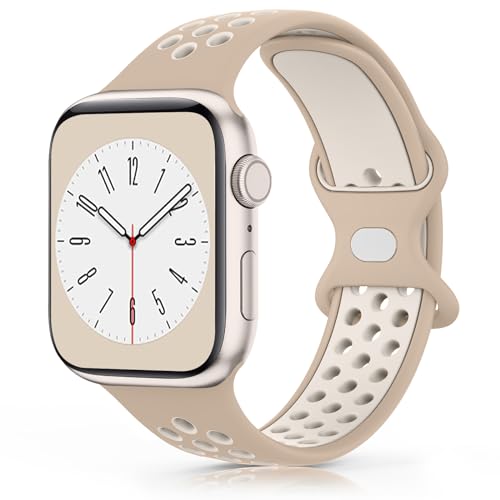 Wanme Armband für Apple Watch 49mm 45mm 44mm 42mm 41mm 40mm 38mm Armband, Weiches Silikon Ersatzarmband für iWatch/Apple Watch Series 9 8 7 6 5 4 3 2 1 SE Ultra (42/44/45/49mm, Milchtee/sternenlicht) von Wanme