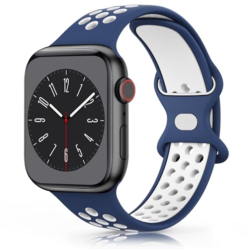 Wanme Armband für Apple Watch 49mm 45mm 44mm 42mm 41mm 40mm 38mm Armband, Weiches Silikon Ersatzarmband für iWatch/Apple Watch Series 9 8 7 6 5 4 3 2 1 SE Ultra (42/44/45/49mm, Blau/weiß) von Wanme