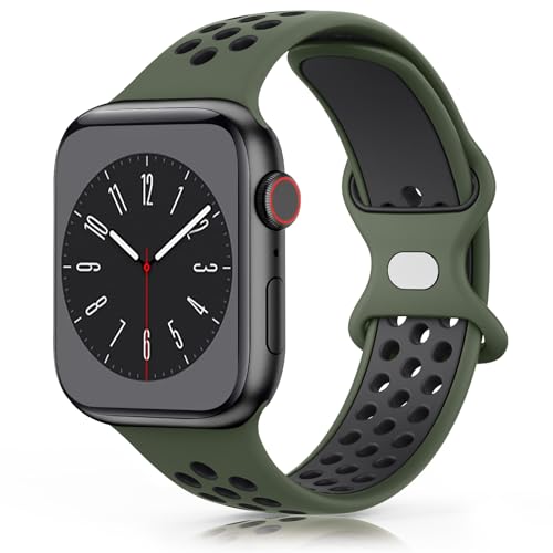 Wanme Armband für Apple Watch 49mm 45mm 44mm 42mm 41mm 40mm 38mm Armband, Weiches Silikon Ersatzarmband für iWatch/Apple Watch Series 9 8 7 6 5 4 3 2 1 SE Ultra (42/44/45/49mm, Dunkelgrün/schwarz) von Wanme