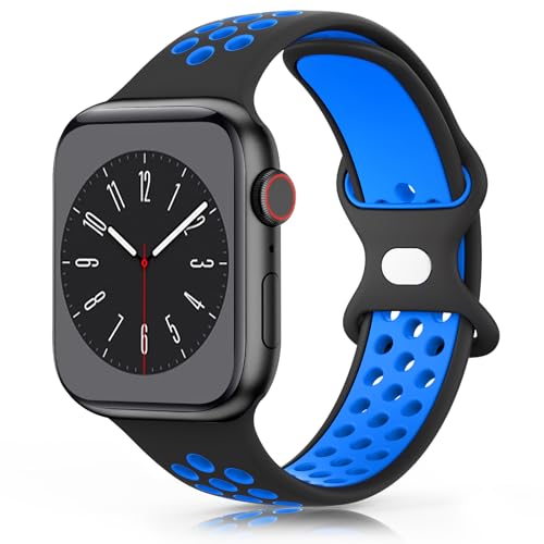 Wanme Armband für Apple Watch 49mm 45mm 44mm 42mm 41mm 40mm 38mm Armband, Weiches Silikon Ersatzarmband für iWatch/Apple Watch Series 9 8 7 6 5 4 3 2 1 SE Ultra (42/44/45/49mm, Schwarz/blau) von Wanme