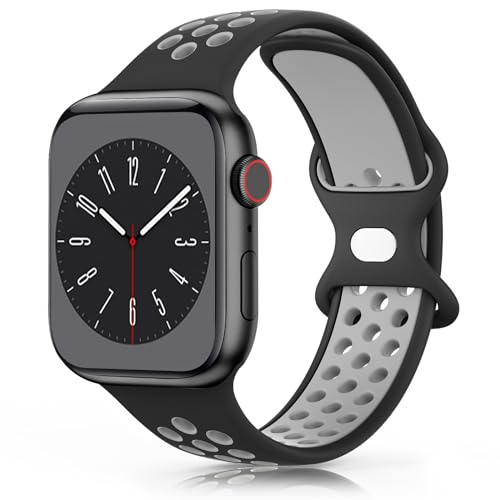 Wanme Armband für Apple Watch 49mm 45mm 44mm 42mm 41mm 40mm 38mm Armband, Weiches Silikon Ersatzarmband für iWatch/Apple Watch Series 9 8 7 6 5 4 3 2 1 SE Ultra (42/44/45/49mm, Schwarz/grau) von Wanme