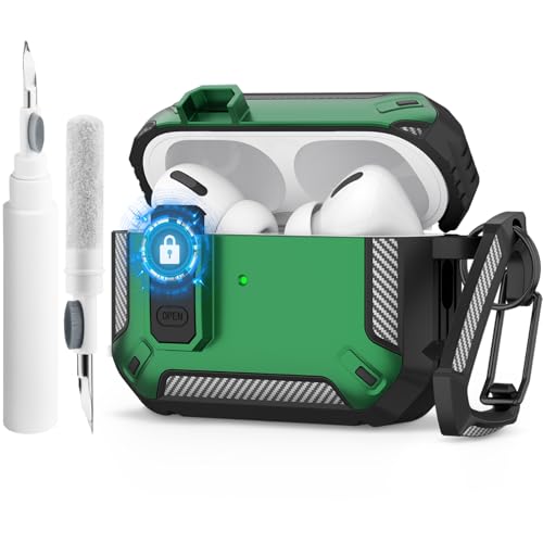 Wanme Cases Kompatibel mit Airpod Pro 2 Hülle, für AirPods Pro 2./1. Generation (2023/2022/2019), mit Reinigungskit & Schlüsselanhänger ，Hartschalen Schutzhülle [LED Sichtbar], Schwarz Grün von Wanme