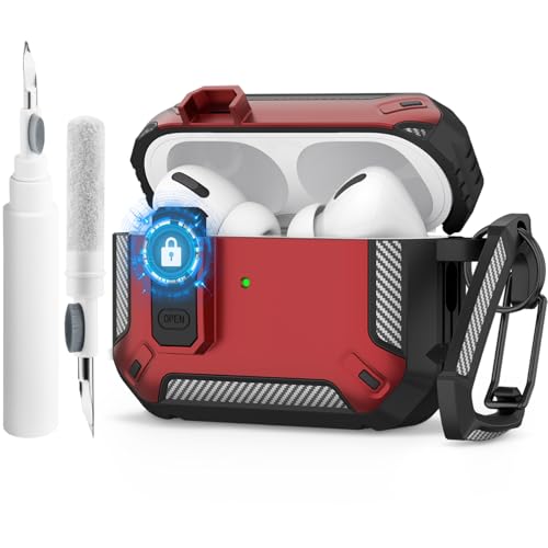 Wanme Cases Kompatibel mit Airpod Pro 2 Hülle, für AirPods Pro 2./1. Generation (2023/2022/2019), mit Reinigungskit & Schlüsselanhänger ，Hartschalen Schutzhülle [LED Sichtbar], Schwarz Rot von Wanme
