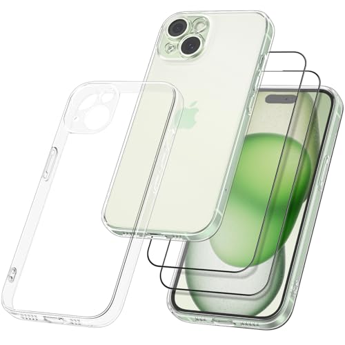 Wanme HandyHülle für iPhone 15, 【1 Hülle + 2 Stück Panzerfolie】für iPhone 51 Schutzfolie, TPU Transparente 360 Grad Schutzhülle für iPhone 15 (Transparente) von Wanme