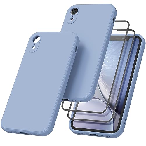 Wanme HandyHülle für iPhone XR, 【1 Hülle + 2 Stück Panzerfolie】für iPhone XR Schutzfolie, Ultradünne Vollschutz Flüssigsilikonhülle 360 Grad Schutzhülle für iPhone XR (1Grau blau) von Wanme