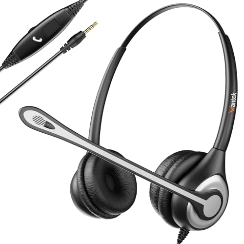 Handy-Headset mit Mikrofon, Geräuschunterdrückung & Anrufsteuerung, 3,5 mm PC-Kopfhörer für iPhone, Samsung, Computer, Business, Skype, Softphone, Call-Center Büro, klare Chat, Ultra Komfort von Wantek