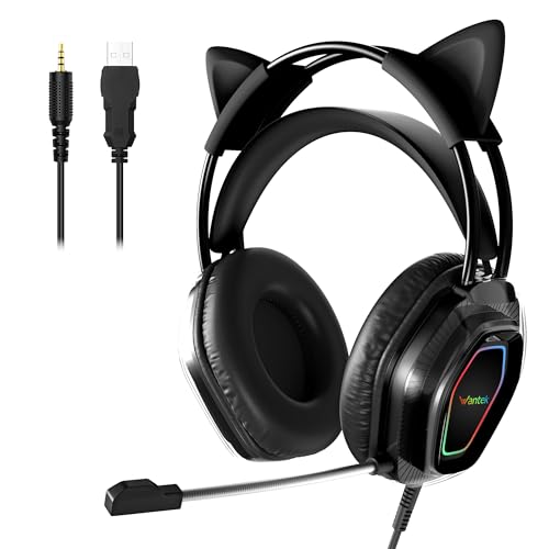 Wantak Katzenohr Kopfhörer mit Mikrofon – Kabel (3,5mm/USB) – Gaming Headset für PC/PS5/Xbox – Noise Cancelling, HiFi-Sound, 20-20.000Hz – Leicht & Bequem für Frauen/Mädchen (Black) von Wantek