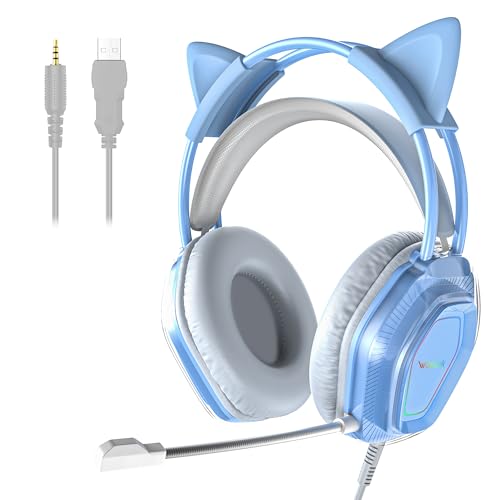 Wantak Katzenohr Kopfhörer mit Mikrofon – Kabel (3,5mm/USB) – Gaming Headset für PC/PS5/Xbox – Noise Cancelling, HiFi-Sound, 20-20.000Hz – Leicht & Bequem für Frauen/Mädchen (Blue) von Wantek